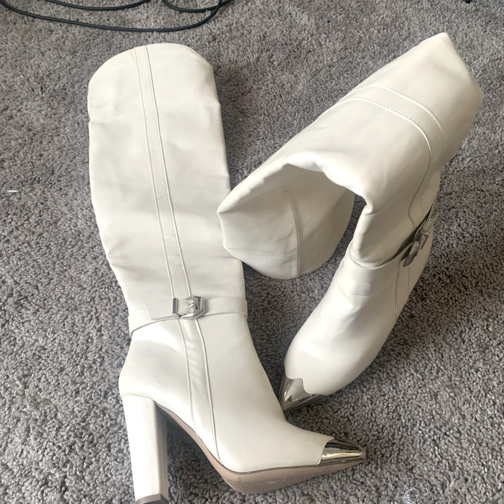 White leather thigh high boots
